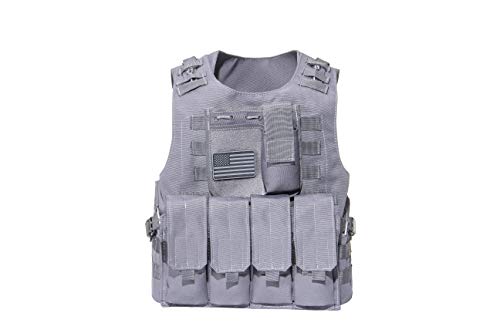 Kids Airsoft Tactical Plate Carrier Vest with Free US Flag Patch, Mil Spec 1000D Nylon PALS Molle Modular w/ 4 Mag Pouches, Side Pouch, Chest Mag Pouch