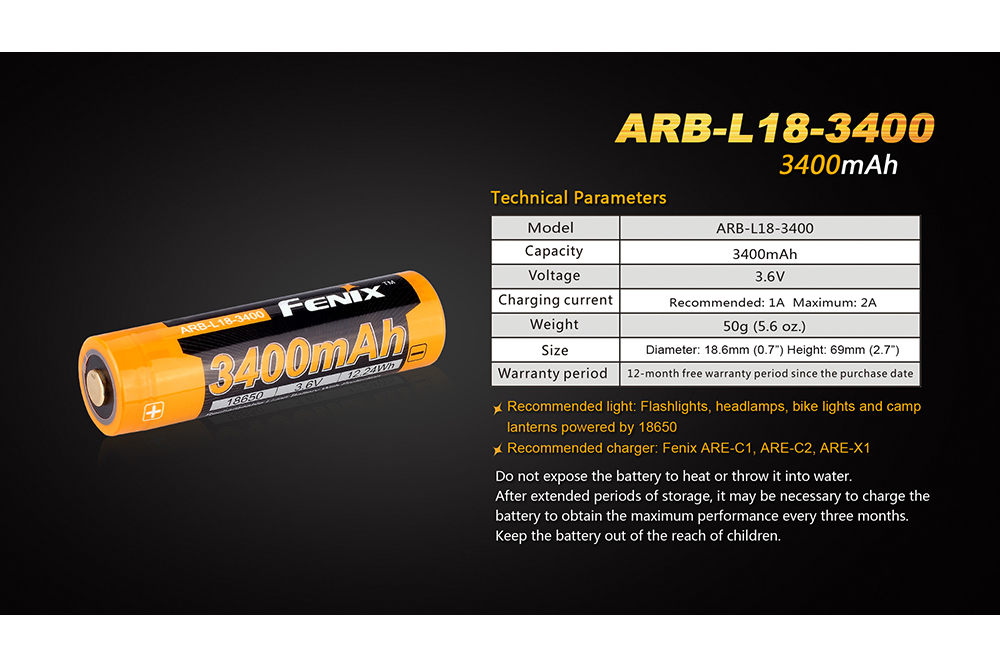 Fenix ARB-L18-3400mAh Rechargeable 18650 Battery With Advanced Protection For Outdoor Flashlight Fans