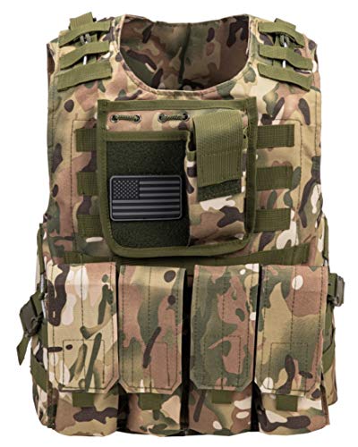 Kids Airsoft Tactical Plate Carrier Vest with Free US Flag Patch, Mil Spec 1000D Nylon PALS Molle Modular w/ 4 Mag Pouches, Side Pouch, Chest Mag Pouch