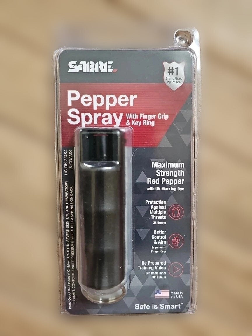 Sabre Pepper Spray with Ergonomic Finger Grip and Fast Flip Top Black 15g