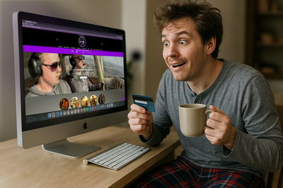 Man holding a mug and credit card in front of a computer screen with a gaming interface.