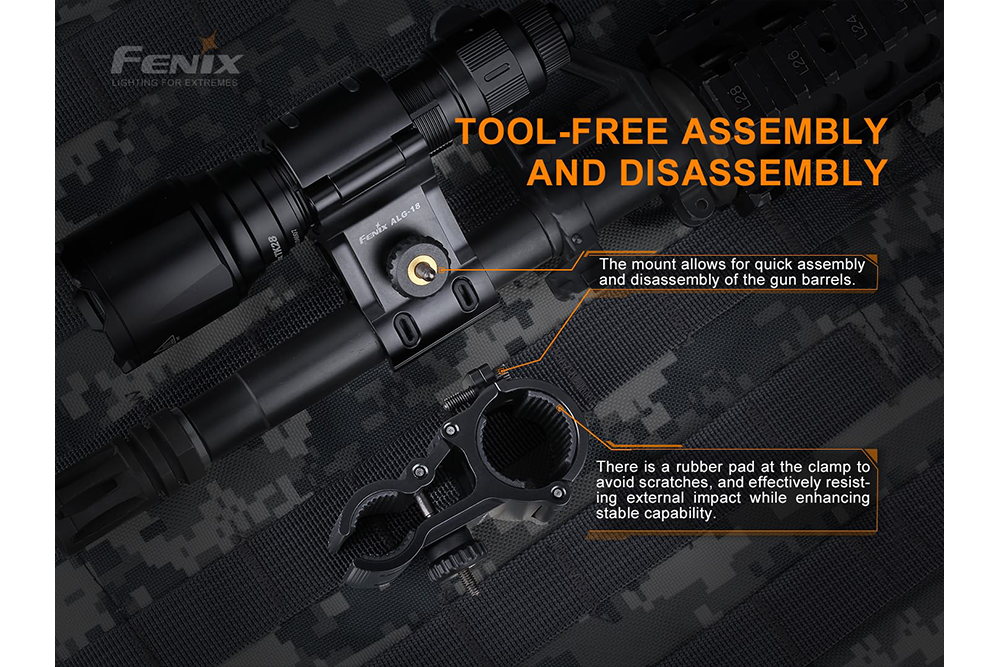Fenix ALG18 Barrel Mount For Flashlights 18 To 23mm Rifles Quick Toolless Attachment