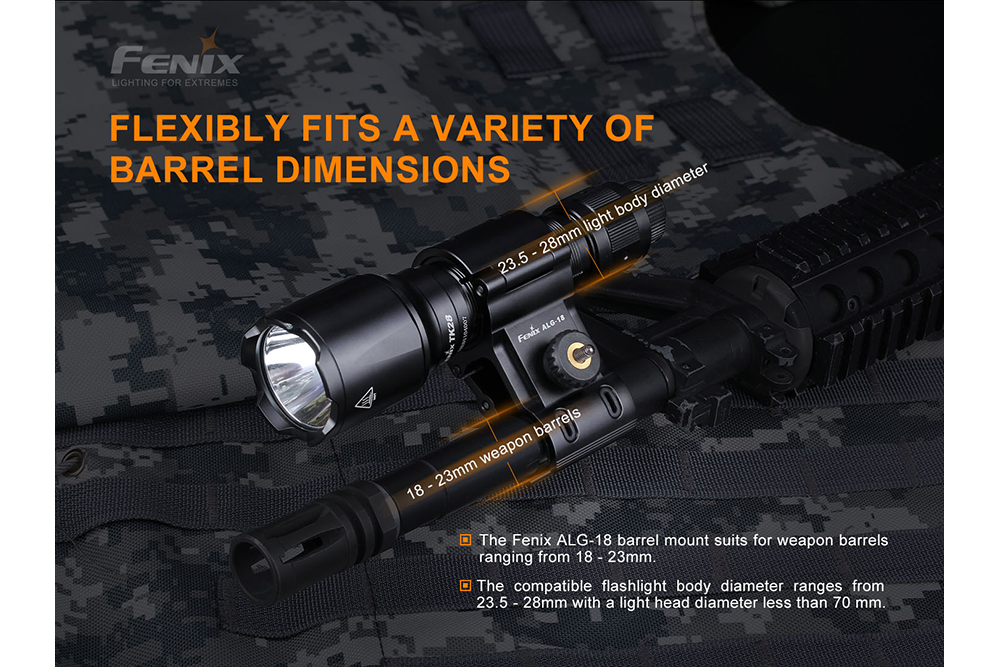 Fenix ALG18 Barrel Mount For Flashlights 18 To 23mm Rifles Quick Toolless Attachment