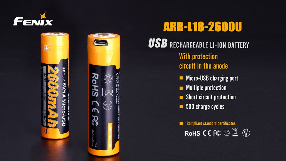 Fenix ARB-L18-2600U USB Rechargeable 18650 Battery For Outdoor Flashlights And Everyday Carry