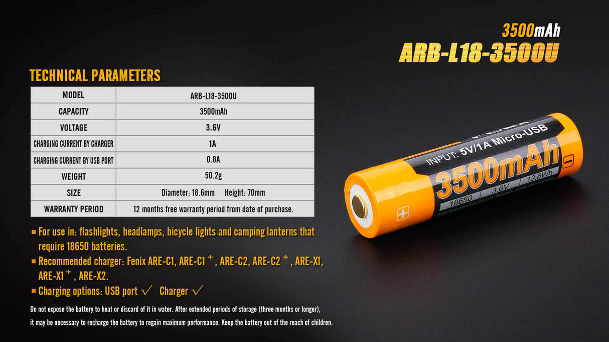 Fenix ARB-L18-3500U 18650 Battery USB Rechargeable High Capacity 3500mAh for High Performance Flashlights