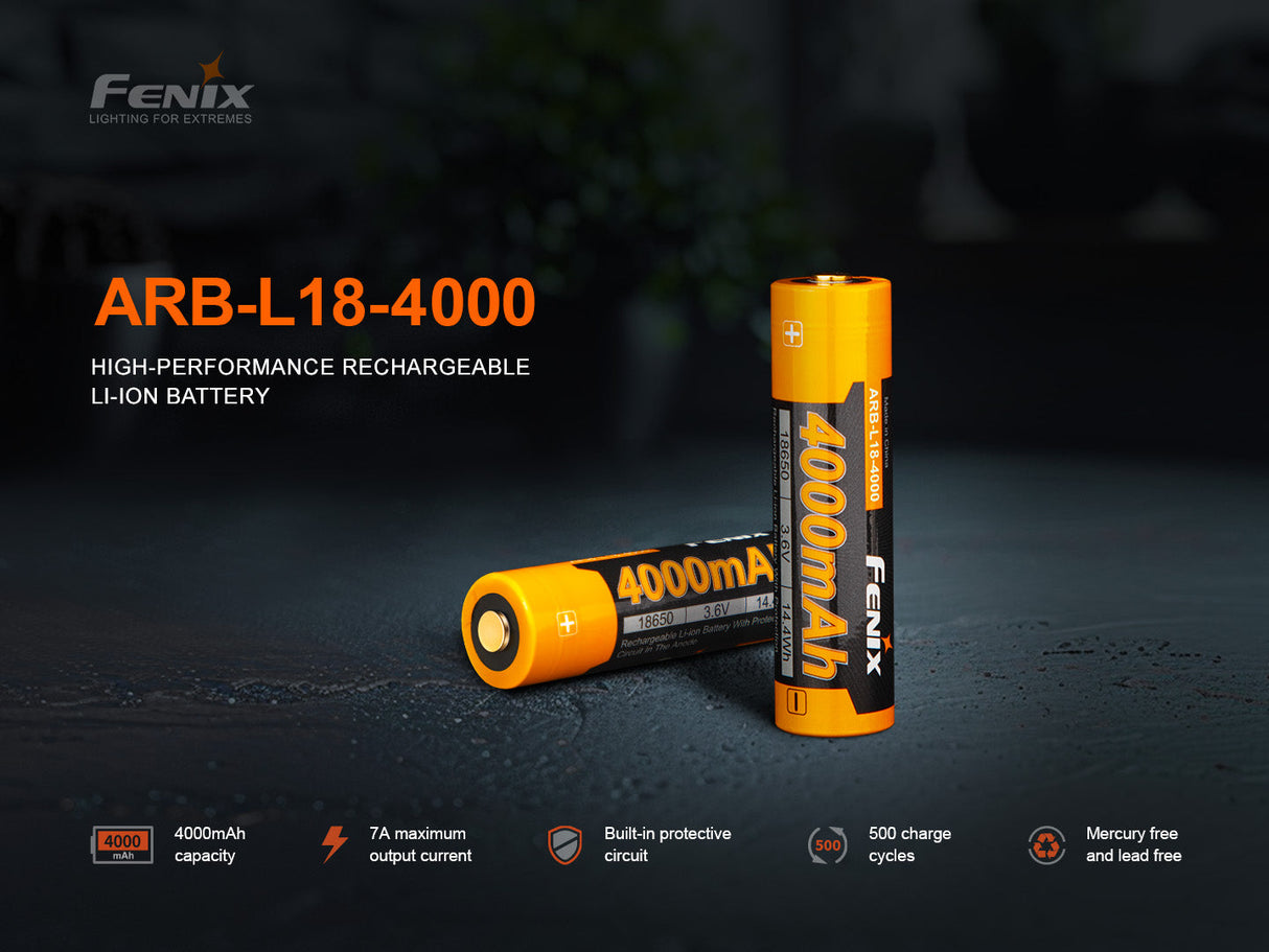 Fenix ARB-L18-4000 High Capacity 18650 Battery 4000mAh For Outdoor Flashlights Safe Long Lasting