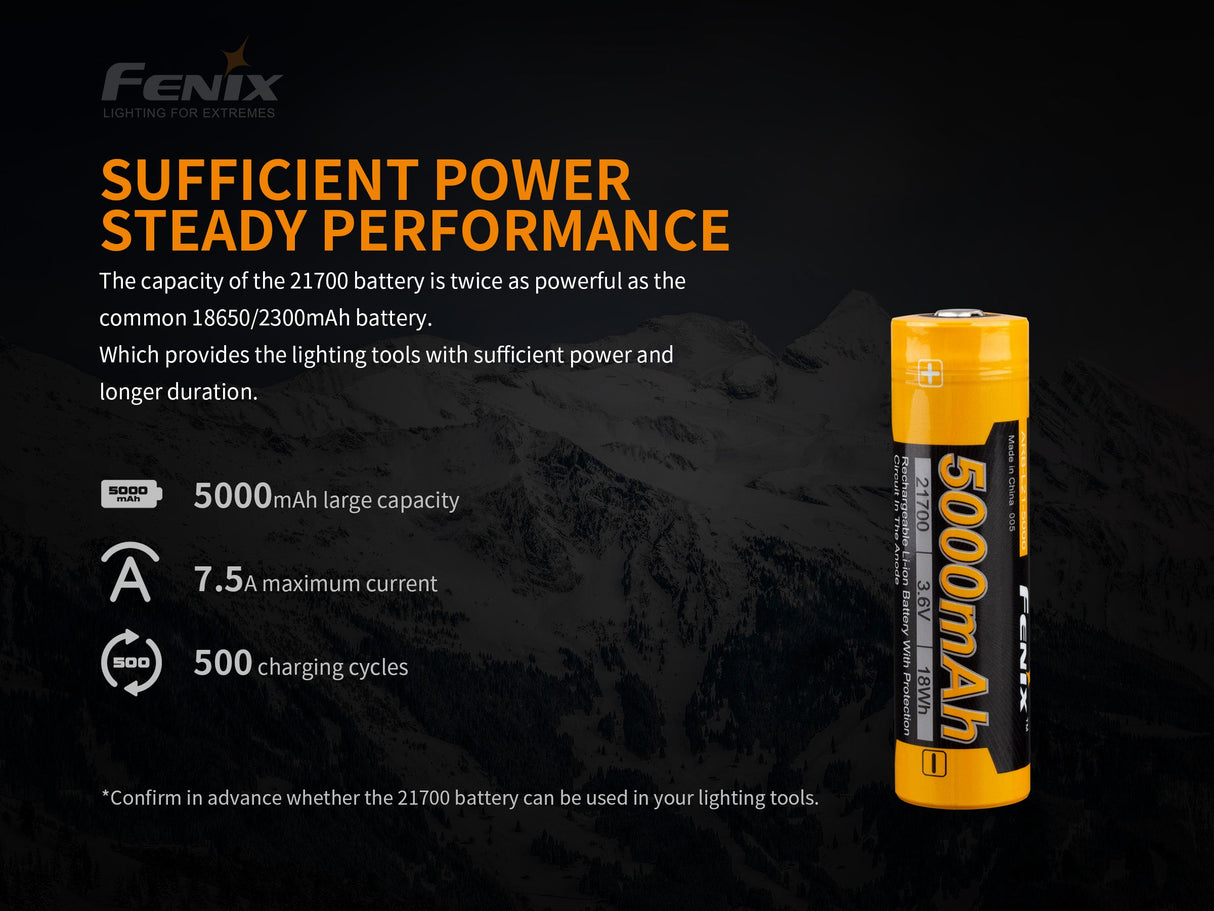 Fenix ARB-L21-5000 V2 21700 Rechargeable Battery For Extended Runtime And High Lumen Output For Flashlight Enthusiasts