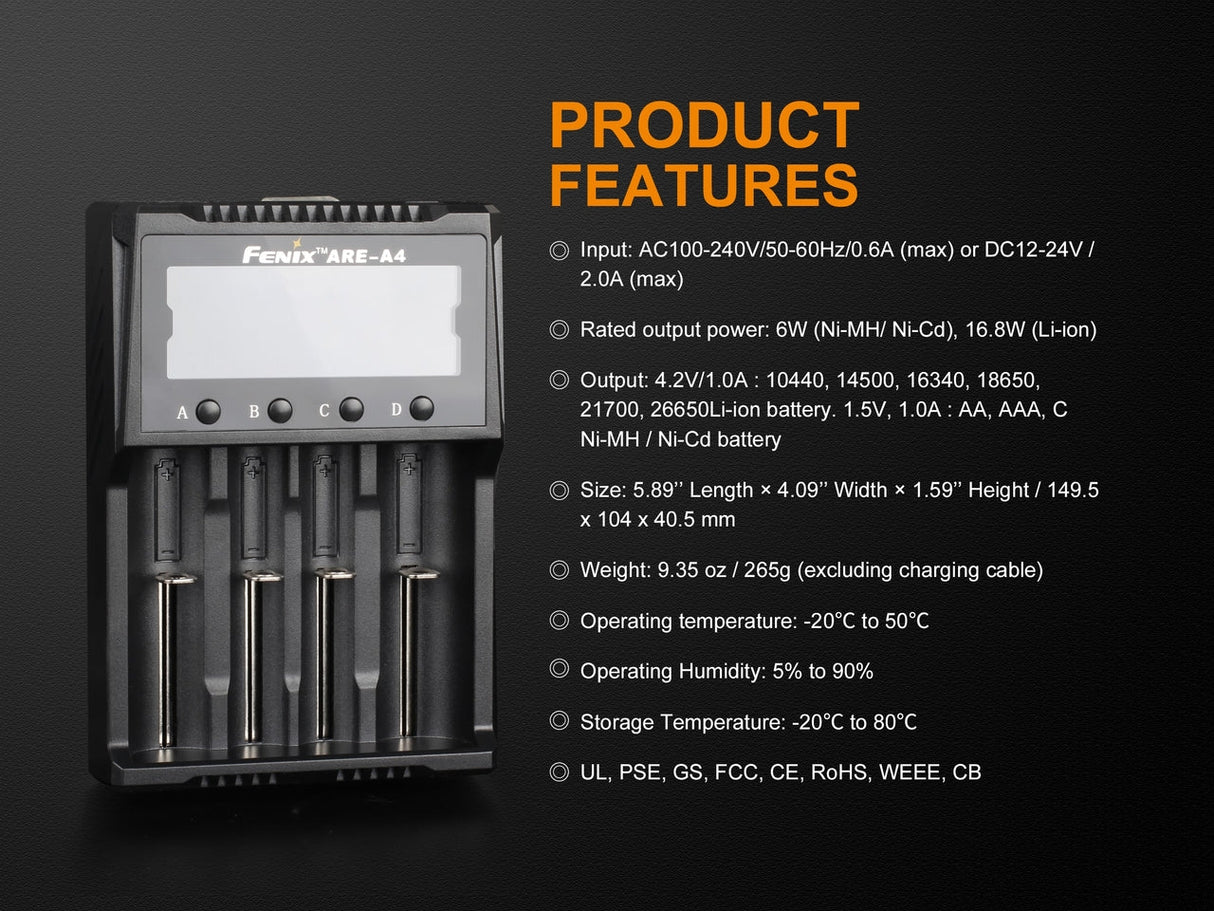 Fenix ARE A4 4 Channel Battery Charger Simultaneously Charges 4 Batteries 14500 18650 AA AAA NiMH NiCd For Techies