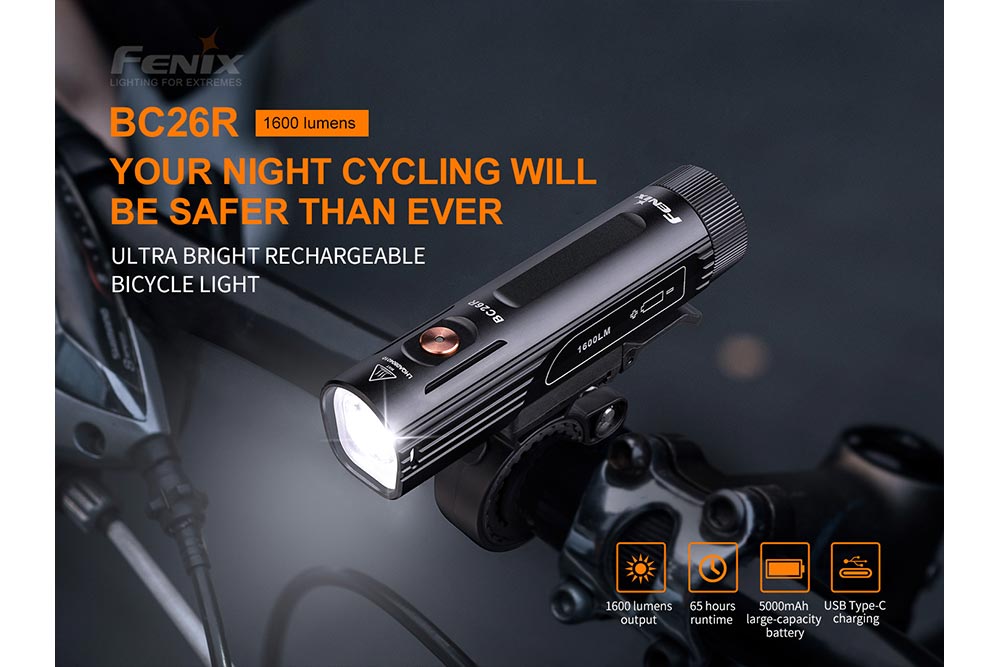 Fenix BC26R Durable Ultra Bright 1600 Lumens Bike Light For Cyclists With USB C Recharge And 65 Hour Runtime