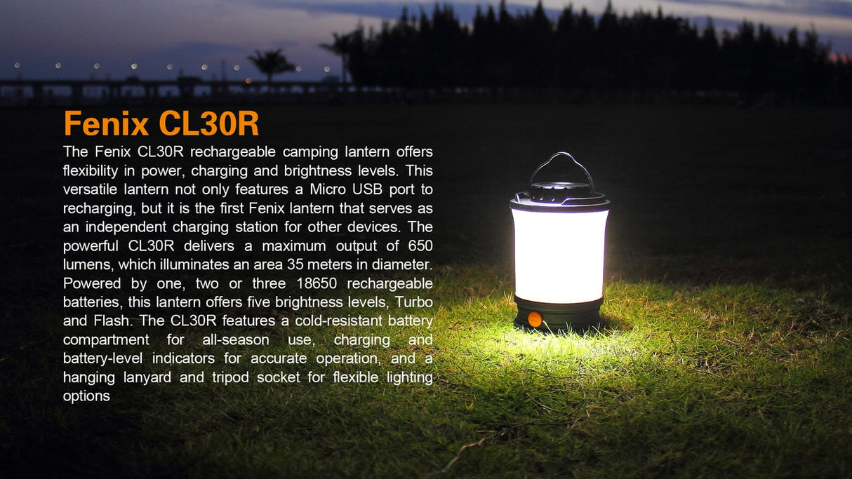Fenix CL30R LED Lantern for Campers 650 Lumen Rechargeable USB Power Three Battery Compatibility Outdoor Ready