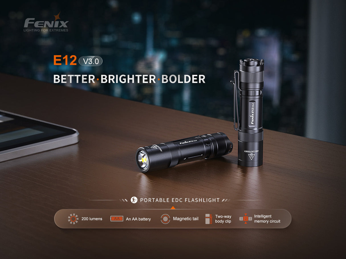 Fenix E12 V3 Pocket EDC AA Flashlight With 200 Lumen Output Magnetic Tail Stand For Everyday Carry