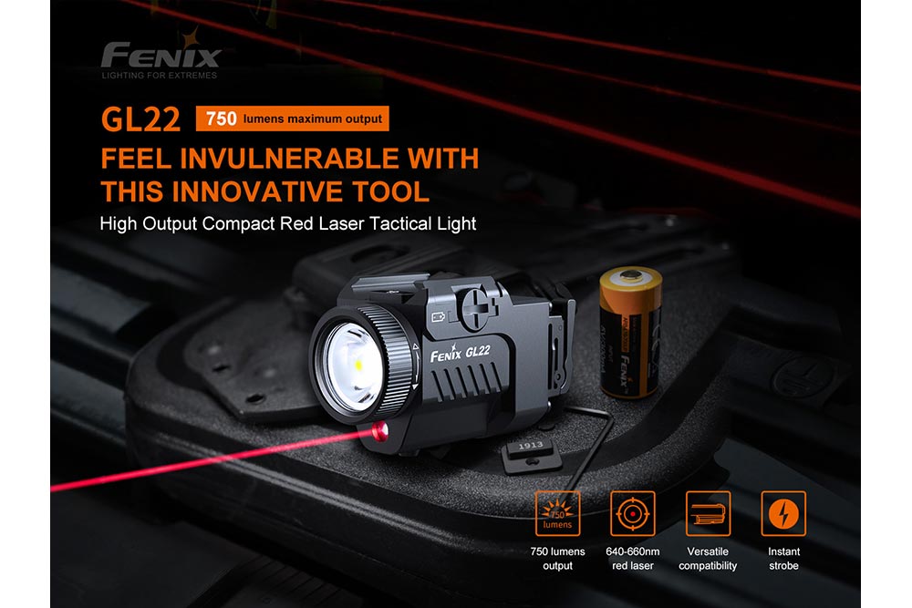 Fenix GL22 Tactical LED Light With Red Laser For Rail Systems, Ambidextrous Momentary Switch And Long Runtime For Pros