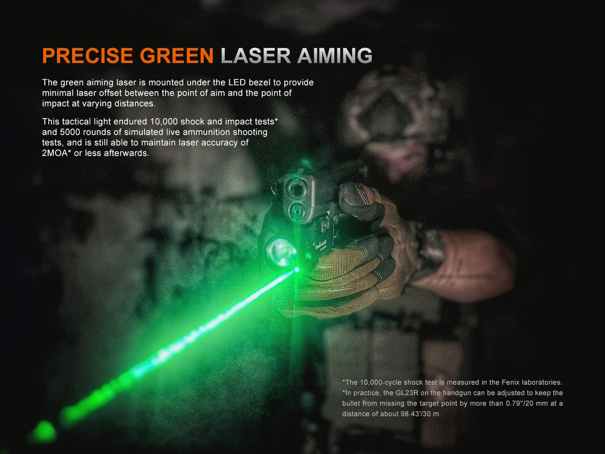 Fenix GL23R Green Laser Tactical Light 1200 Lumen Pistol Mounted With 520 Nanometer Laser For Hunters And Shooters