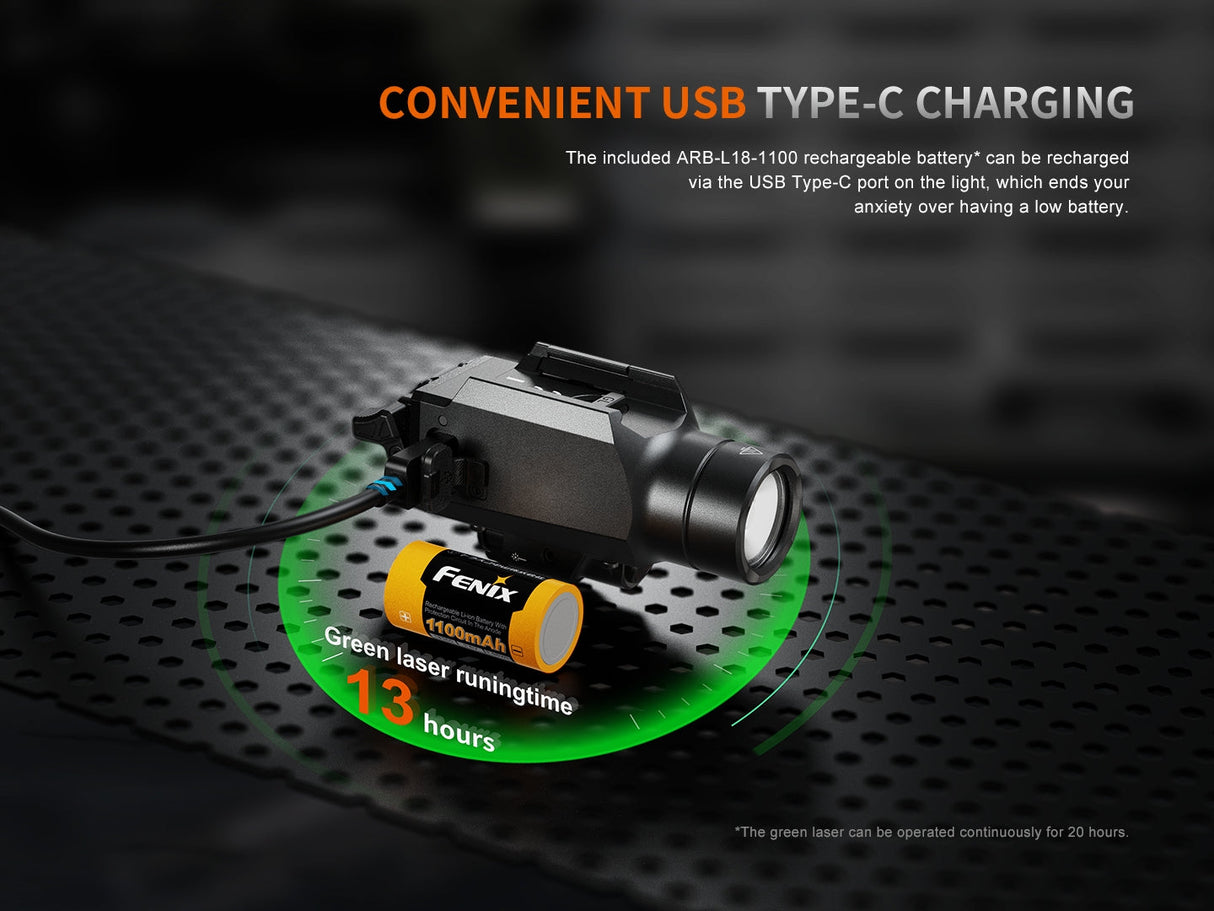 Fenix GL23R Green Laser Tactical Light 1200 Lumen Pistol Mounted With 520 Nanometer Laser For Hunters And Shooters