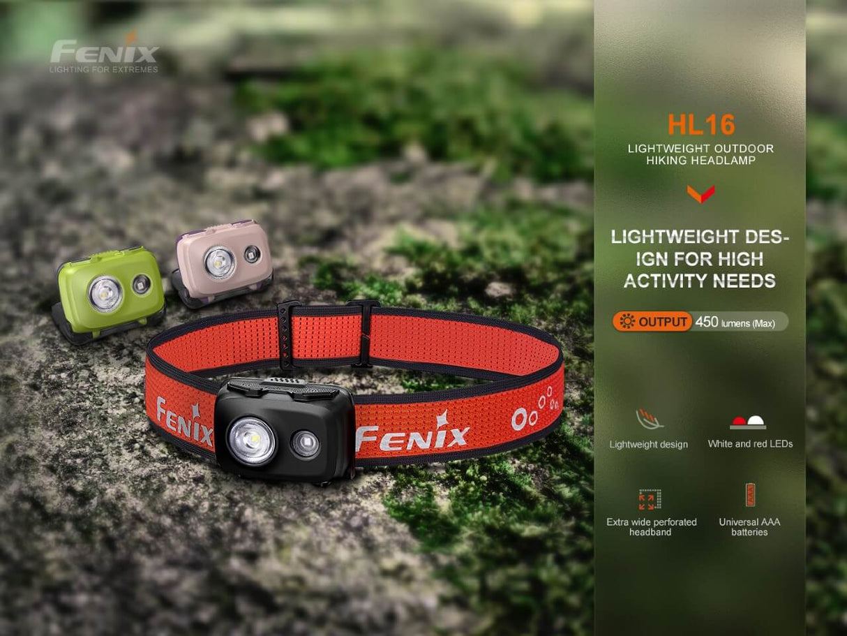 Fenix HL16 Headlamp 450 Lumen LED Ultralight For Night Running Camping Trekking Outdoors