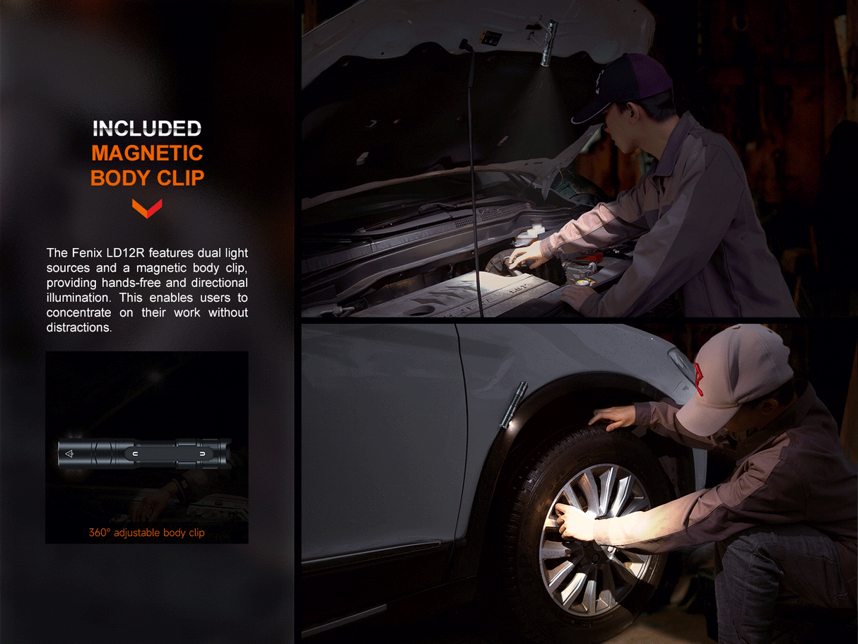 Fenix LD12R Dual Light Flashlight With Front 600 Lumen Beam And Side Lantern For Outdoor Enthusiasts Magnetic Clip USB C