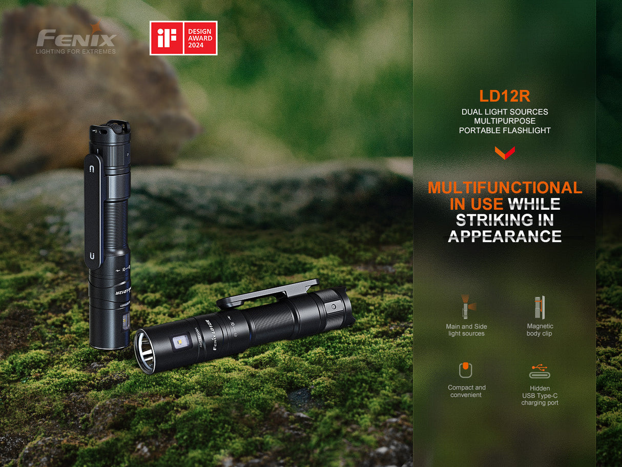 Fenix LD12R Dual Light Flashlight With Front 600 Lumen Beam And Side Lantern For Outdoor Enthusiasts Magnetic Clip USB C