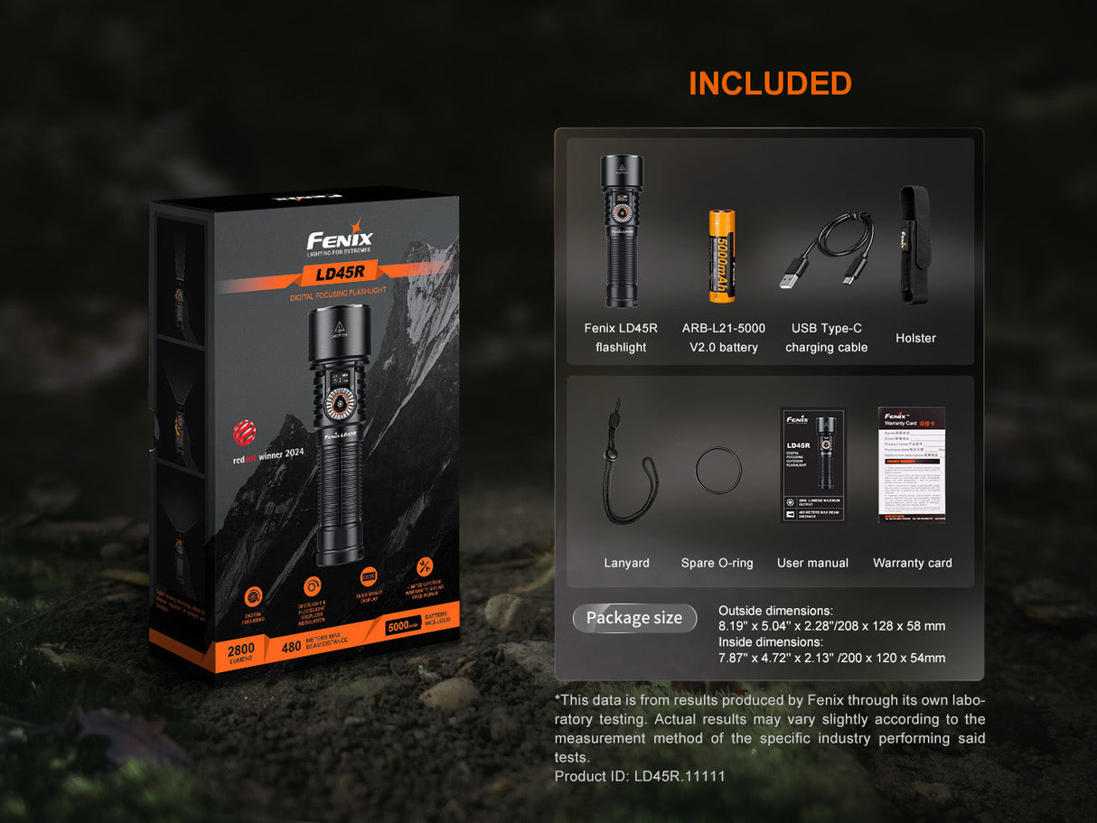 Fenix LD45R Digital Focus Rechargeable Flashlight 2800 Lumens One Hand Operation OLED Display USB C Outdoor Use