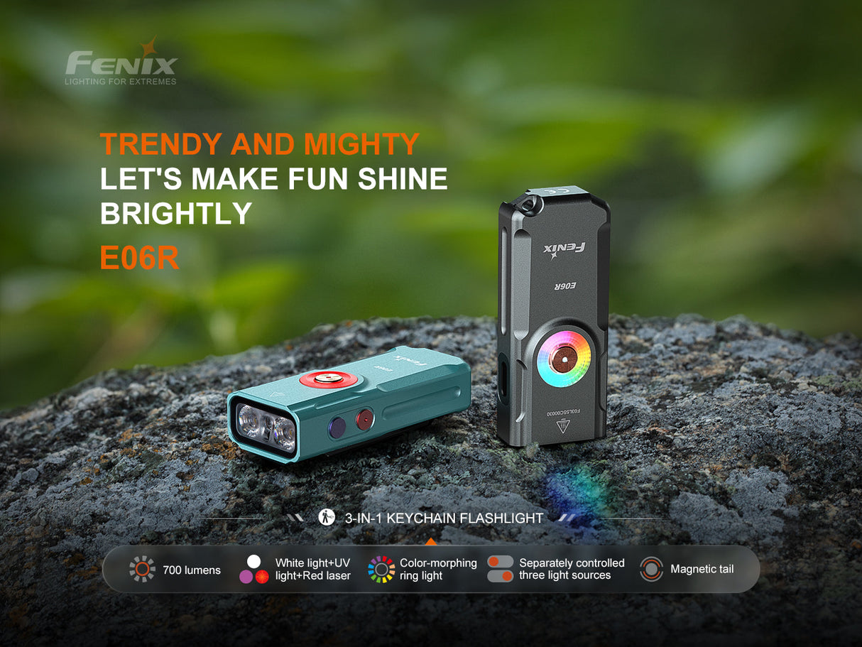 Fenix E06R Keychain Light With Powerful 700 Lumen Output White UV Red Laser Pointer For Everyday Carry Enthusiasts