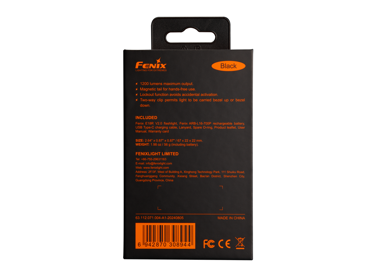 Fenix E18R V2 Rechargeable LED Flashlight For EDC Enthusiasts 1200 Lumen Compact USB C