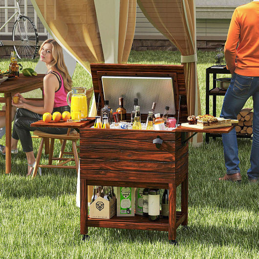 54 Quart Wooden Cooler Cart Shelves Brown - Adventure-Ready