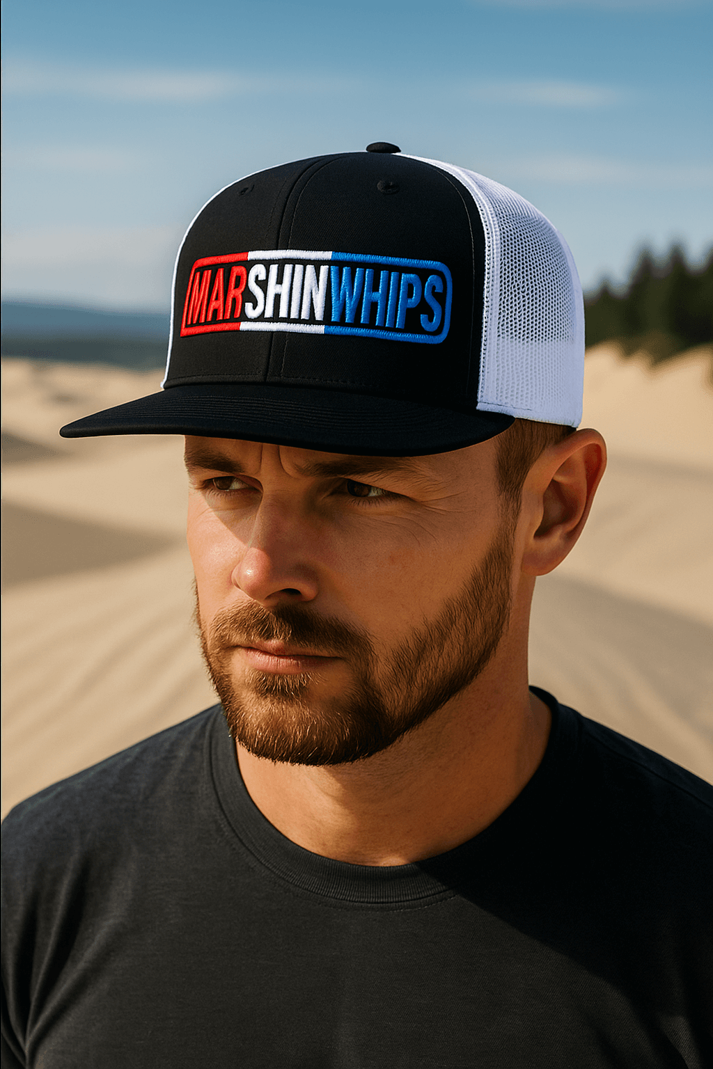 Marshin Whips Snap Back Hat – Red/White/Blue Flat Bill Off-Road Hat
