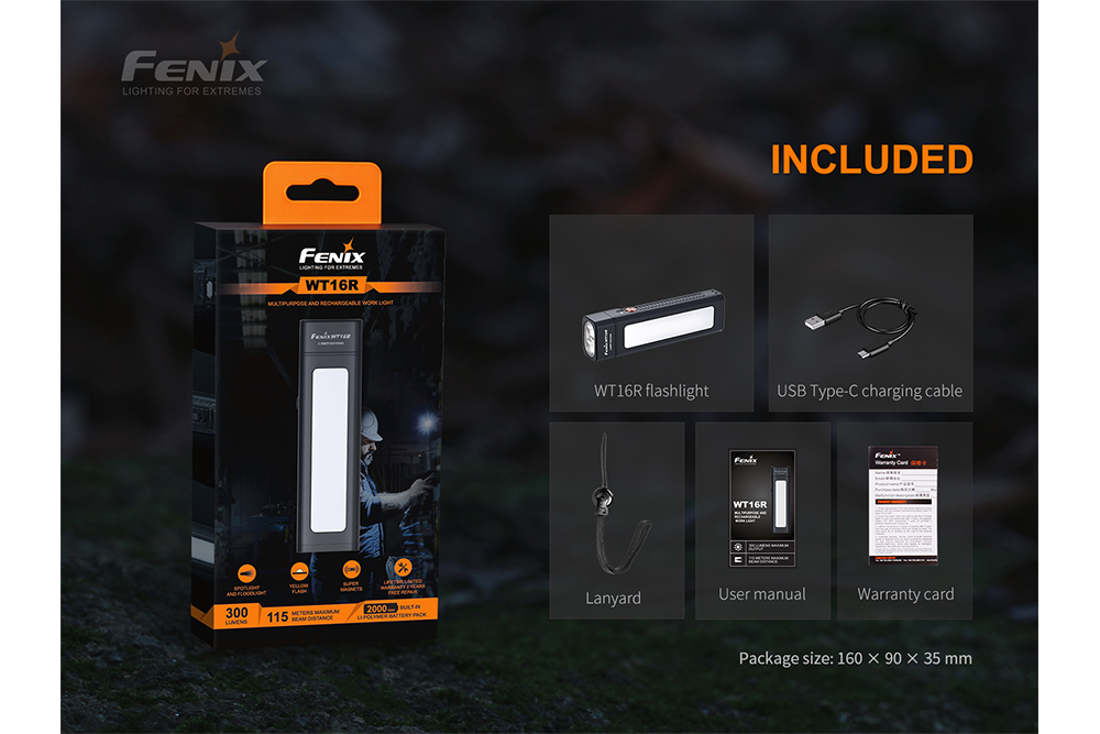 Fenix WT16R Rechargeable Work Light With 300 Lumen Output Magnetic Back And Side Light For Technicians