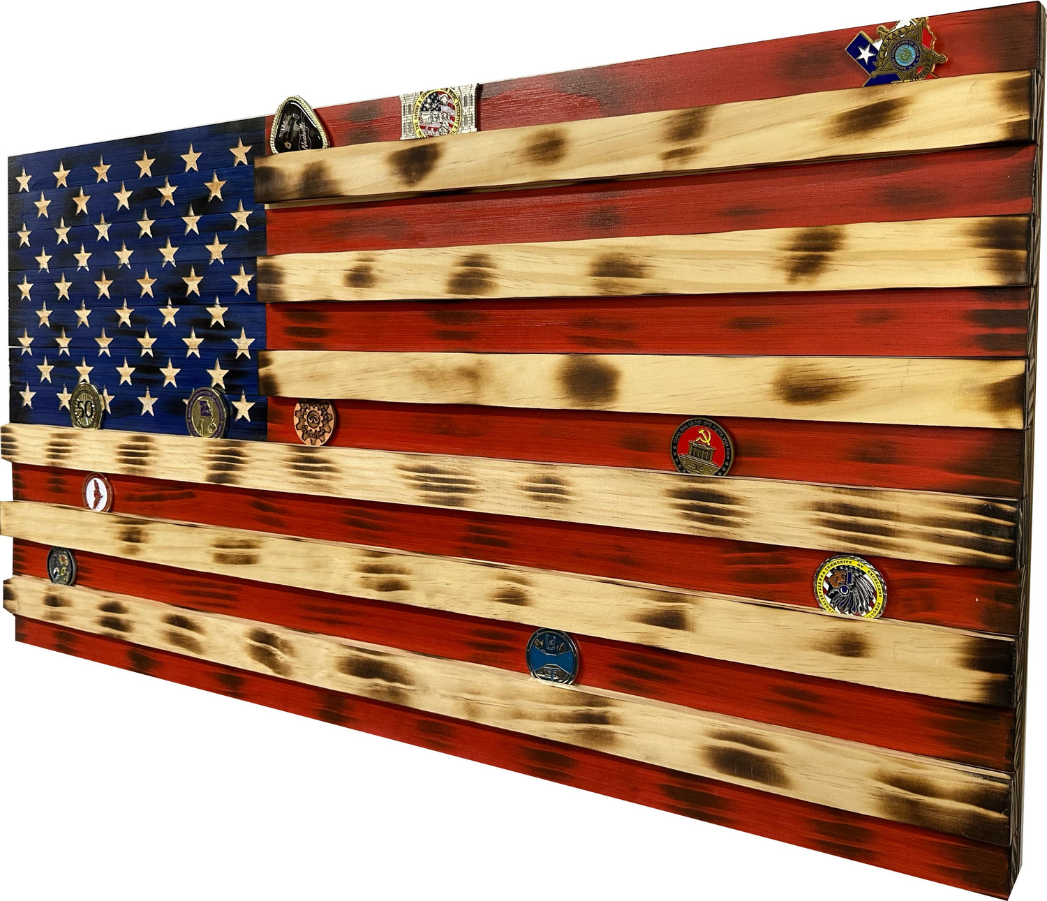 American Flag Challenge Coin Display and Hidden Gun Cabinet, Military Coin Holder Holds 100 Coins and is Ready to Hang, Large US Flag Patriotic Art 38.5" x 19.5"