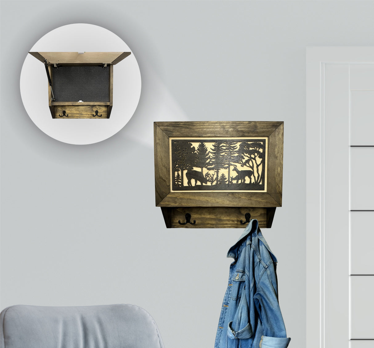 Deer Scene Wall Mounted Gun Cabinet Coat Rack – Secure & Stylish Wall Decor Hidden Firearm Concealment Furniture Key Hanger Deer Hunter Gift