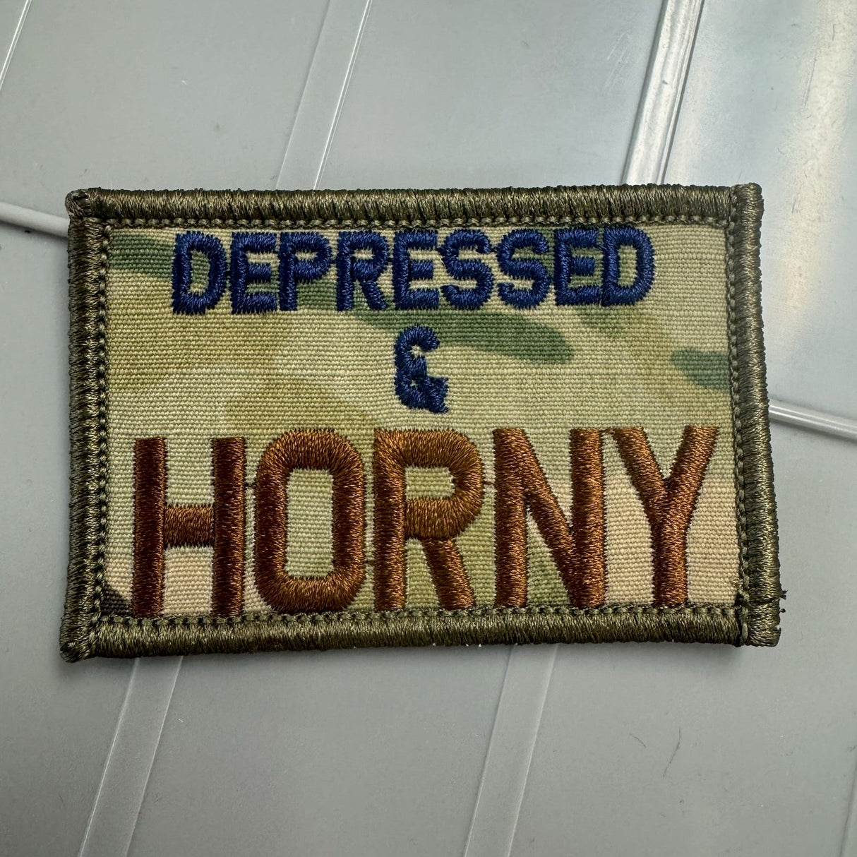 As Seen on Socials - Depressed & Horny - 2x3 Patch - Multicam w/Navy/Spice