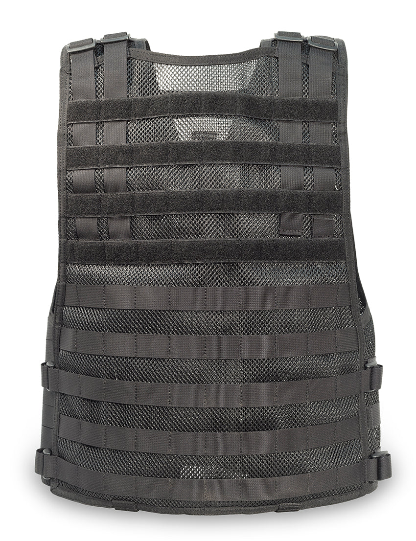Black tactical vest with mesh back and multiple straps on a white background