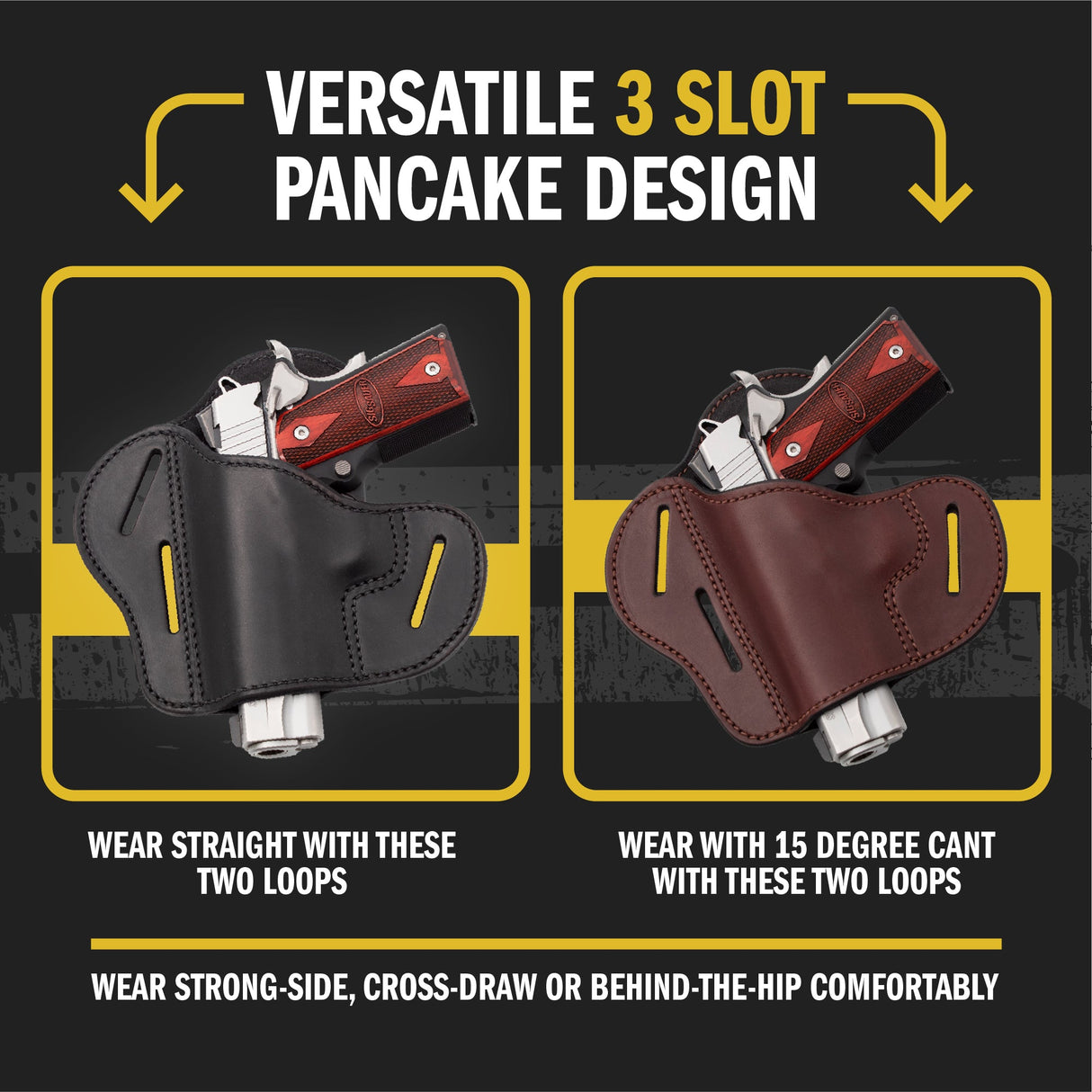 The Ultimate Leather Gun Holster | 3 Slot Pancake Style Belt Holster | Handmade in the USA! | Fits all 1911 Style Handguns