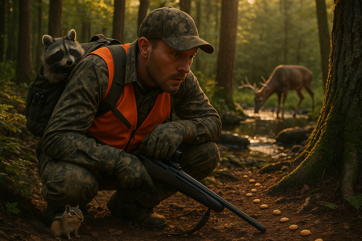 A hunter with a raccoon in his backpack and a deer in the background