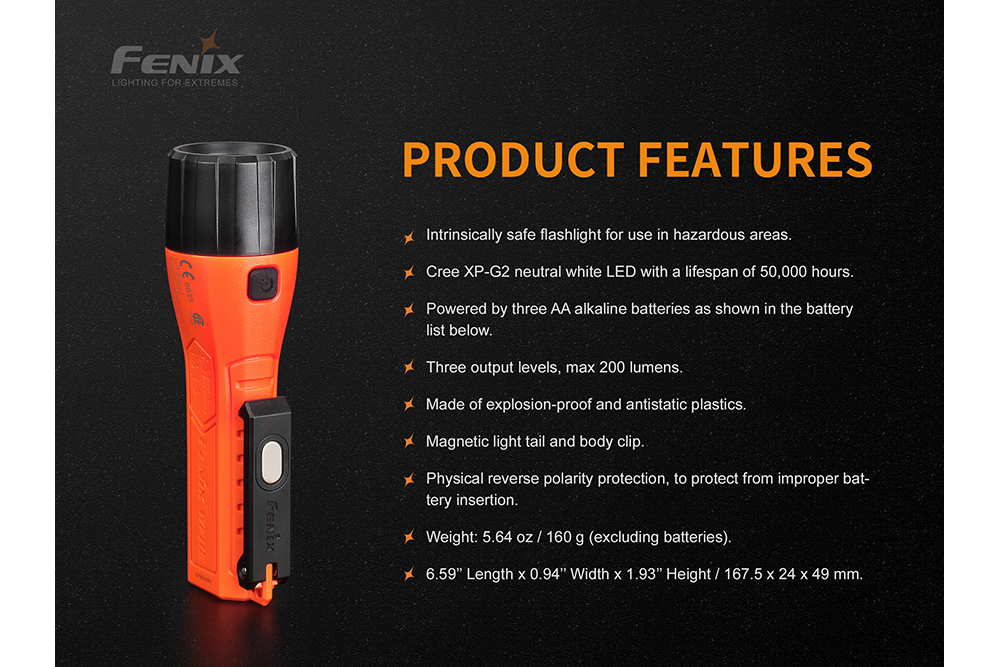 Fenix WF11E Intrinsically Safe Flashlight For Hazardous Areas Zone 0 1 2 Dust Gas 200 Lumens For Industrial Technicians