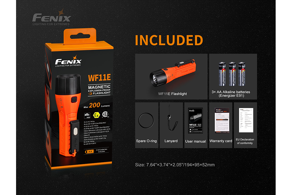 Fenix WF11E Intrinsically Safe Flashlight For Hazardous Areas Zone 0 1 2 Dust Gas 200 Lumens For Industrial Technicians