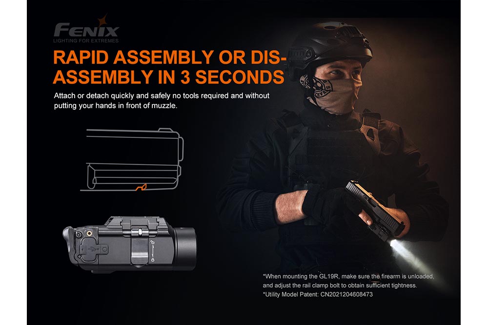 Fenix GL19R Rechargeable Tactical Light Glock Rail Mount 1200 Lumen USB Type C For Tactical Enthusiasts