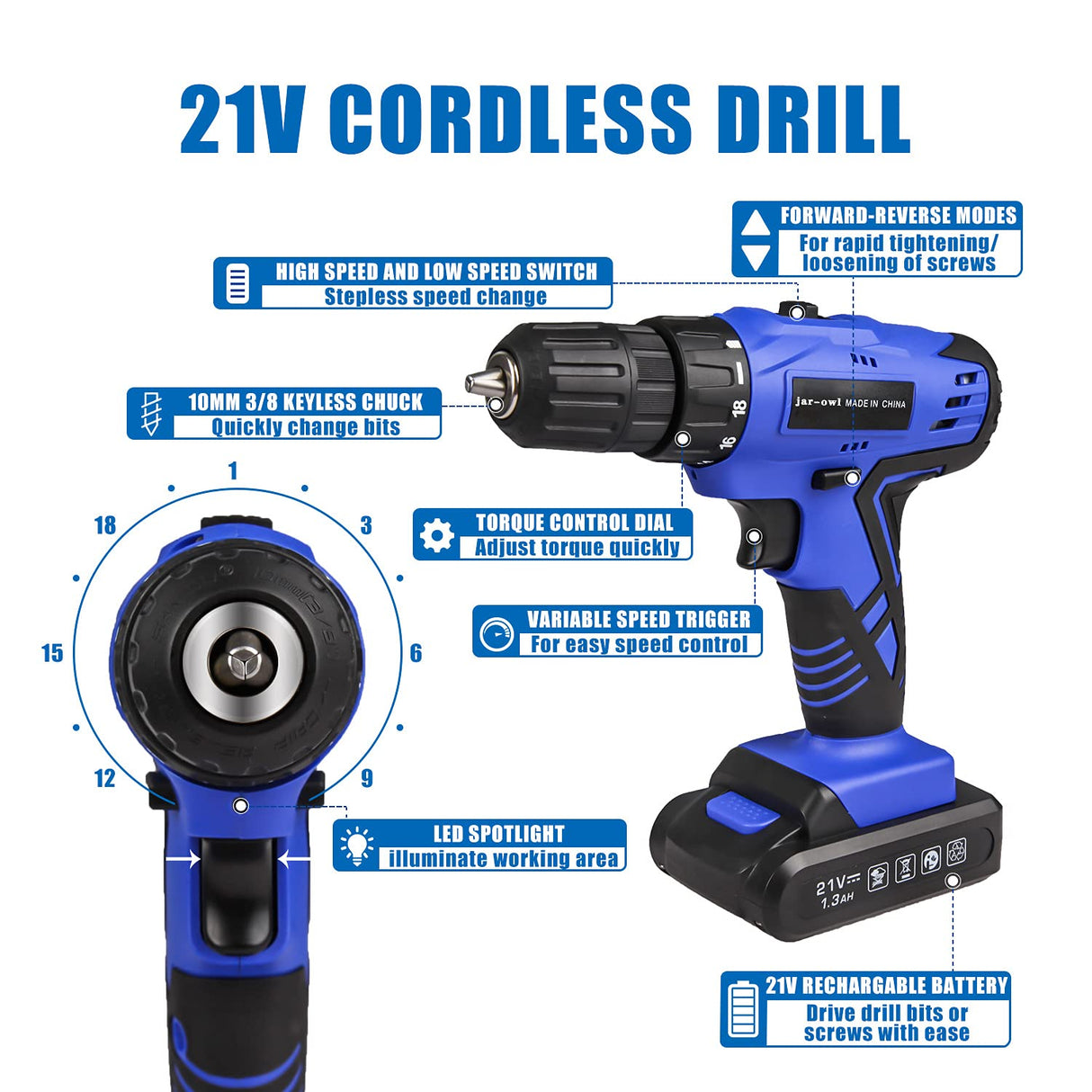 Cordless Drill Kit 21V Jar Owl With 350 Inch Pound Torque And 0-1350 RPM Variable Speed For DIYers