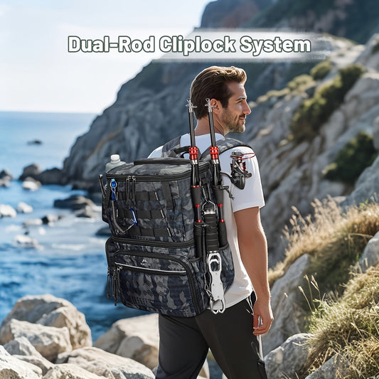 Fishing Tackle Backpack with Rod Holder & Trays-1