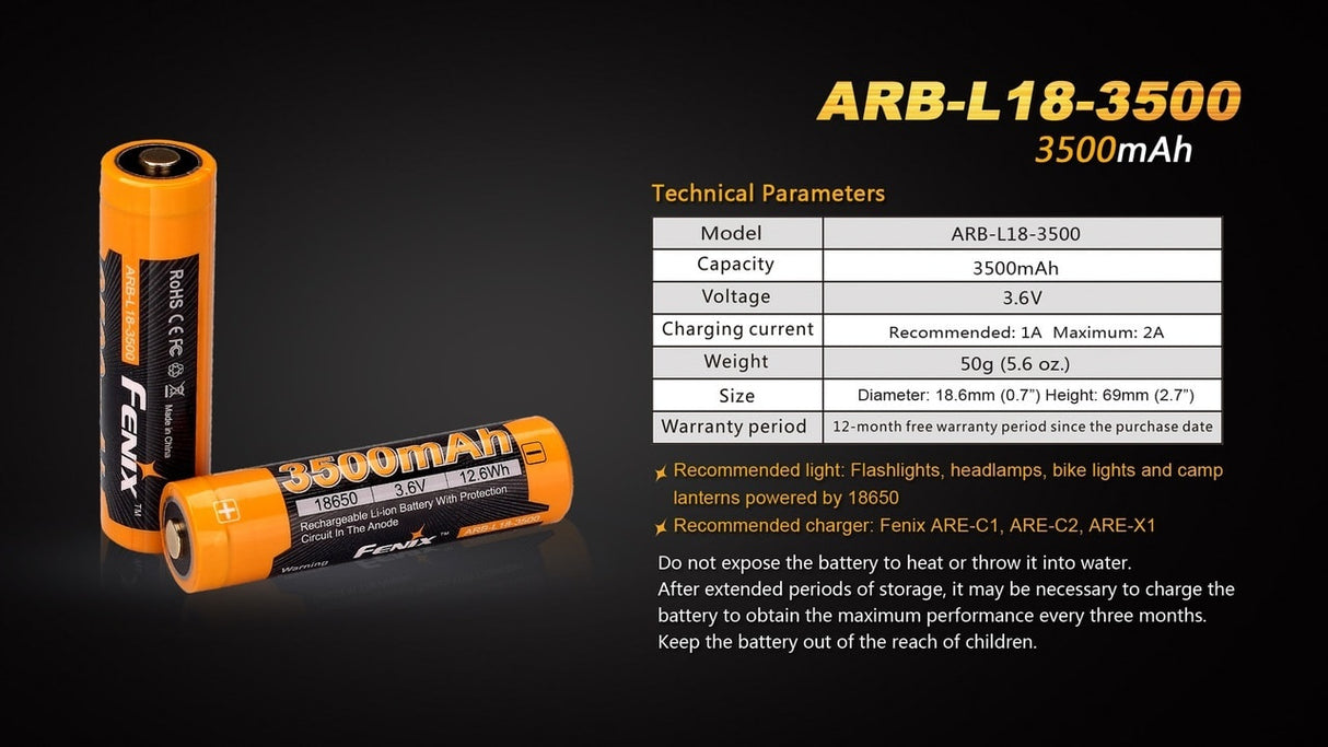 Fenix ARB-L18-3500 18650 Battery 3500mAh High Capacity With Protective Features For Flashlights