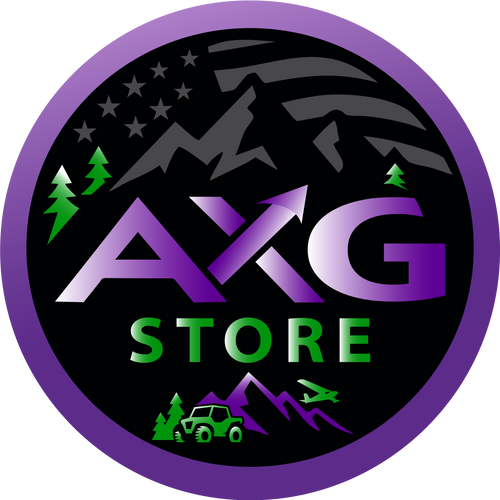 AXG Life Store Logo - Purple and Green with an American flag top, a SxS, a plane, trees and Mountains
