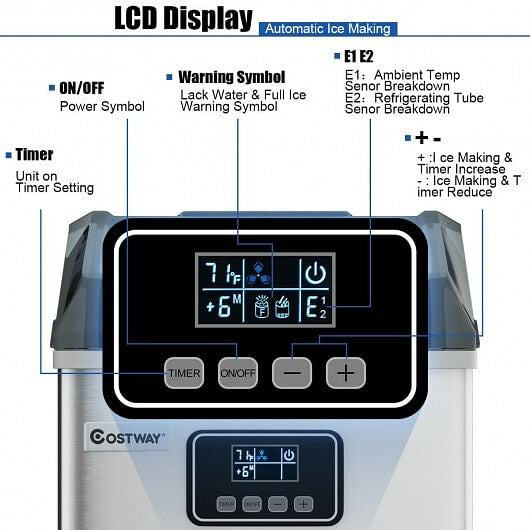 Silver Stainless Ice Maker 48 Lbs Self Clean LCD-Adventure