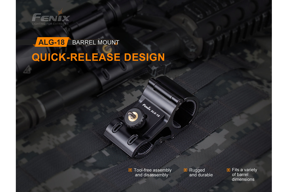 Fenix ALG18 Barrel Mount For Flashlights 18 To 23mm Rifles Quick Toolless Attachment