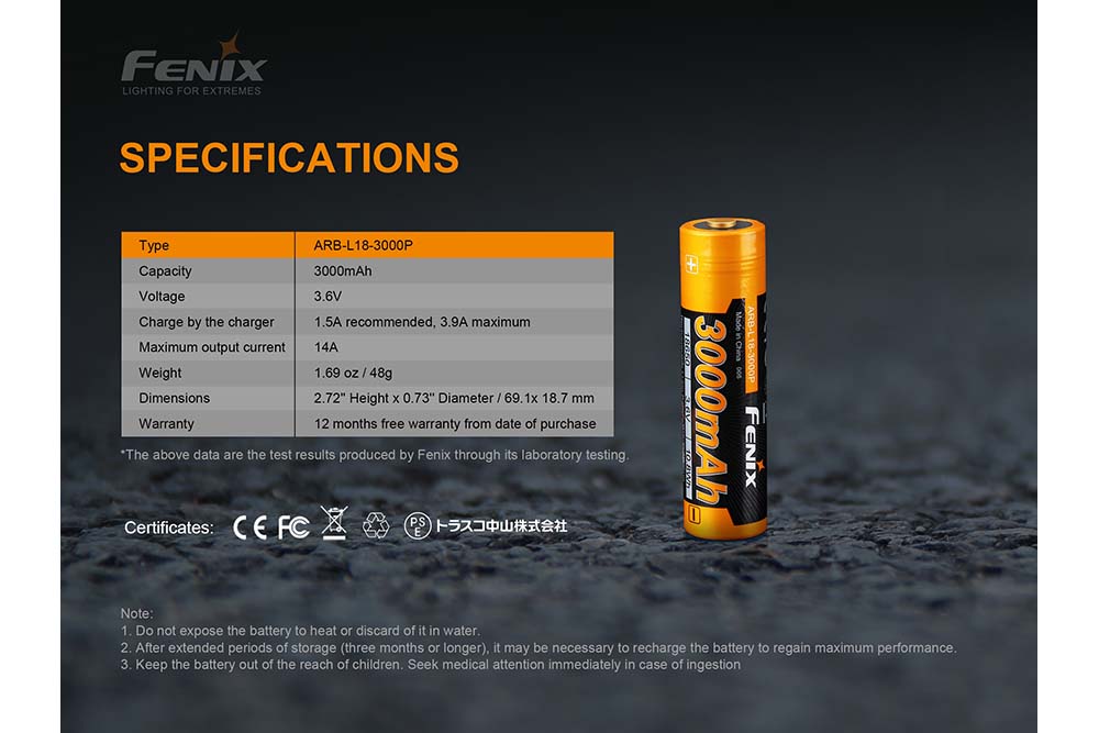Fenix ARB-L18-3000P Rechargeable Li-Ion Battery For High-Drain Flashlights 14A Peak 10A Sustain Extended Runtime