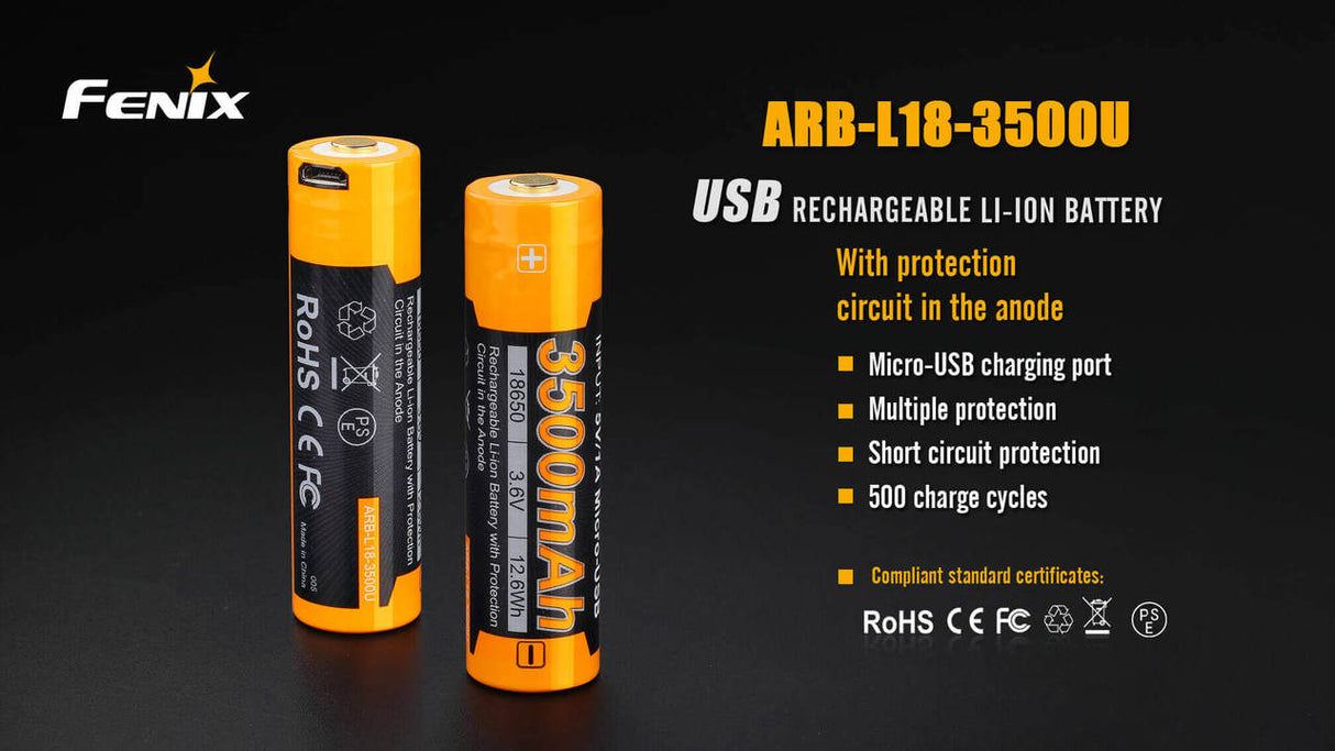 Fenix ARB-L18-3500U 18650 Battery USB Rechargeable High Capacity 3500mAh for High Performance Flashlights