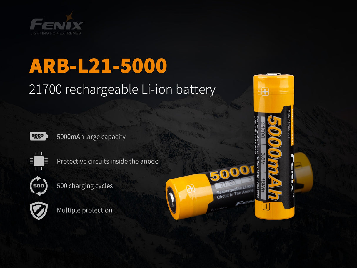 Fenix ARB-L21-5000 V2 21700 Rechargeable Battery For Extended Runtime And High Lumen Output For Flashlight Enthusiasts