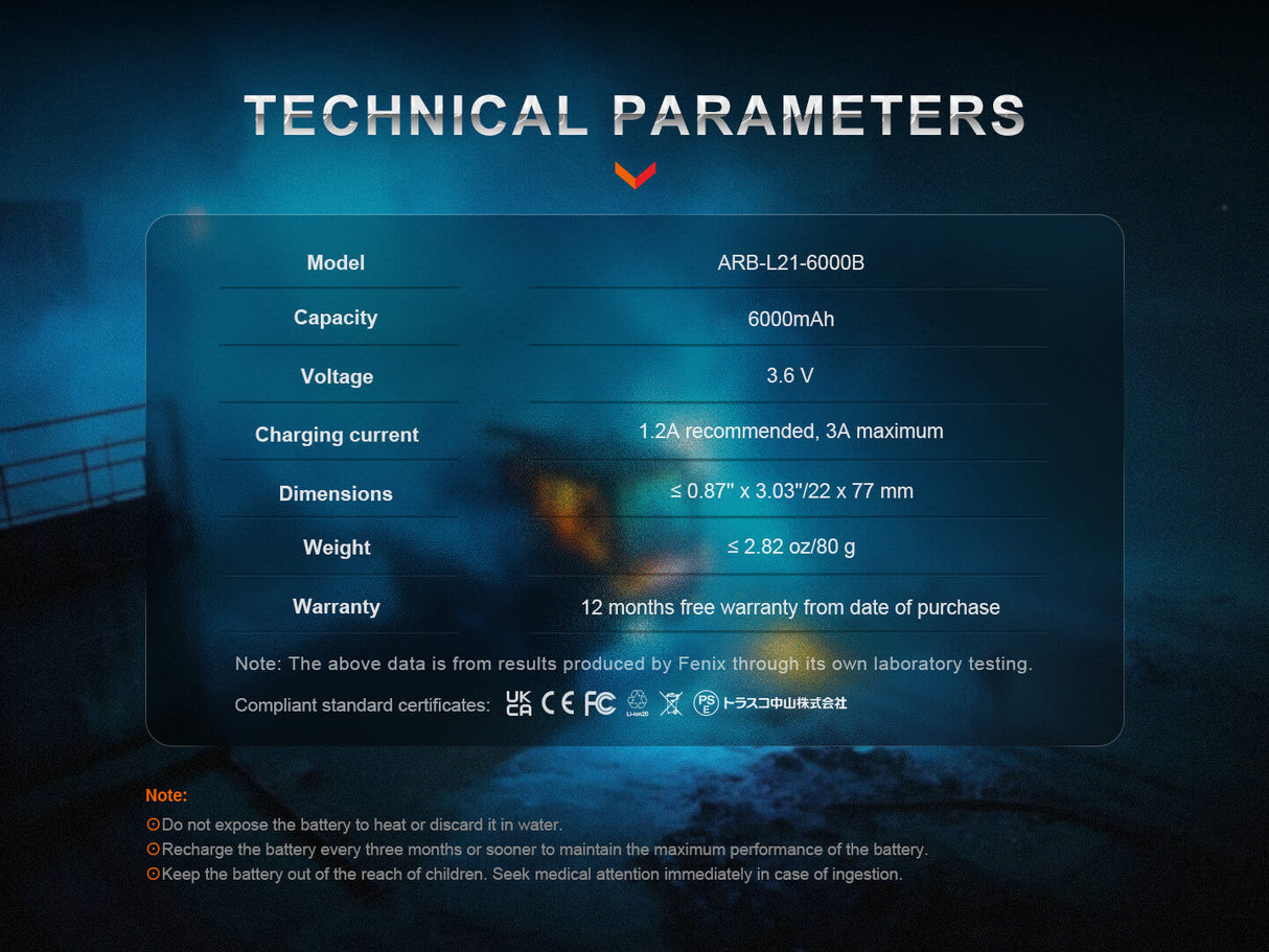 Fenix ARB-L21-6000B Rechargeable Powerbank Battery 6000mAh USB C For 21700 Flashlights And USB Devices