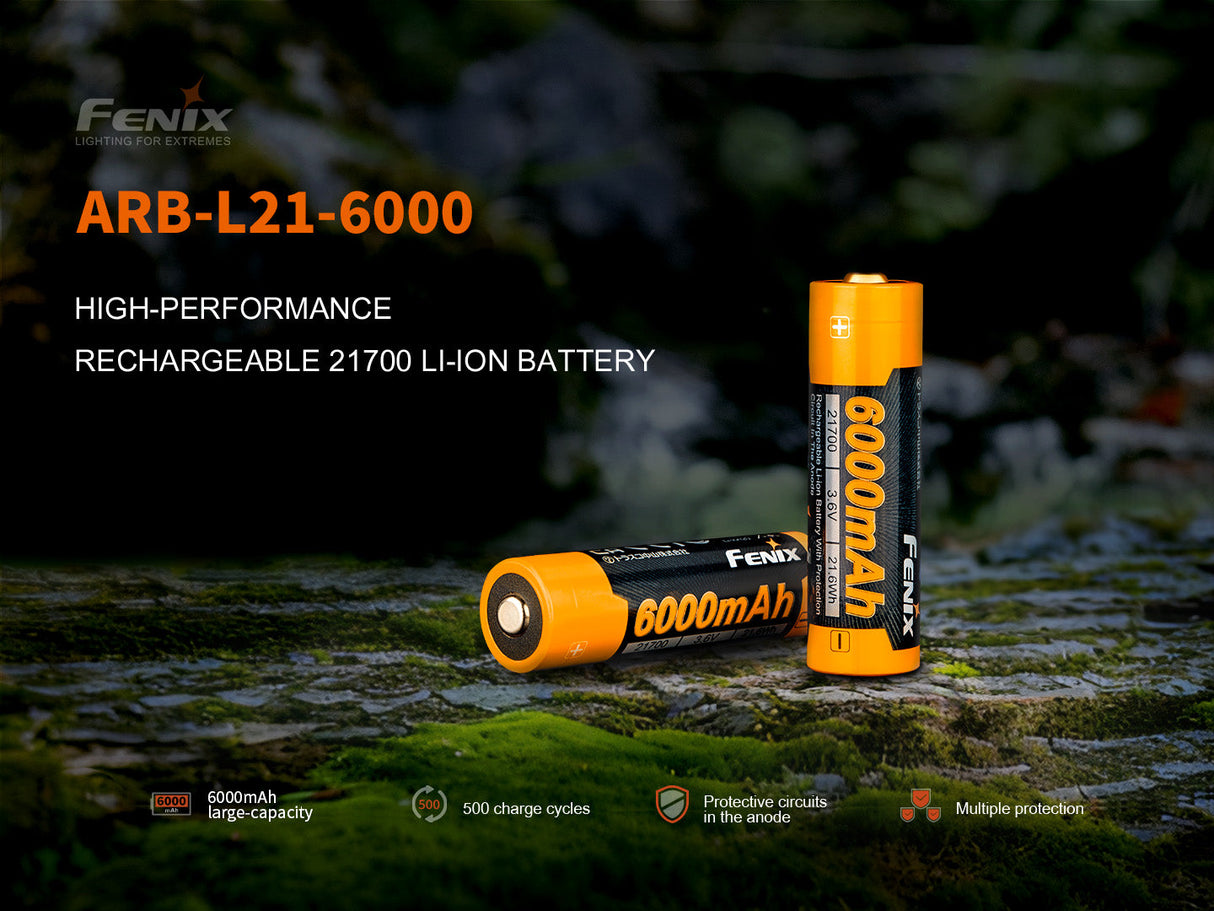Fenix ARB-L21-6000 Rechargeable 21700 Battery With 6000mAh Power For High Drain Flashlights