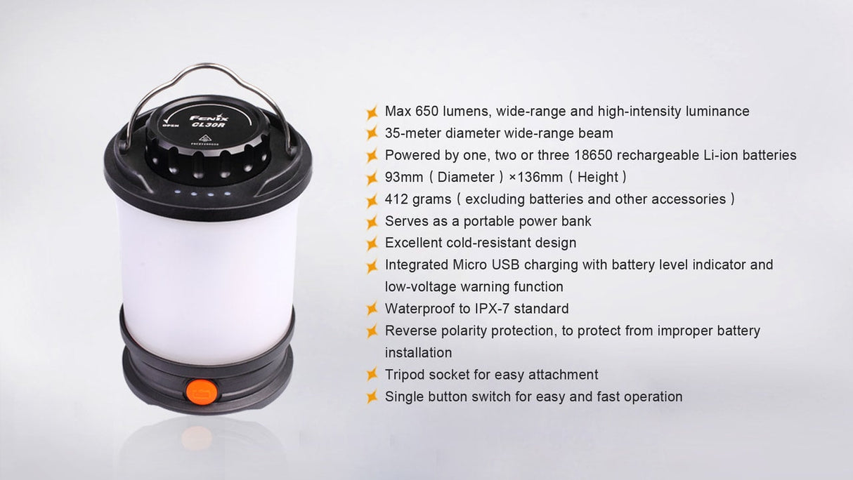 Fenix CL30R LED Lantern for Campers 650 Lumen Rechargeable USB Power Three Battery Compatibility Outdoor Ready