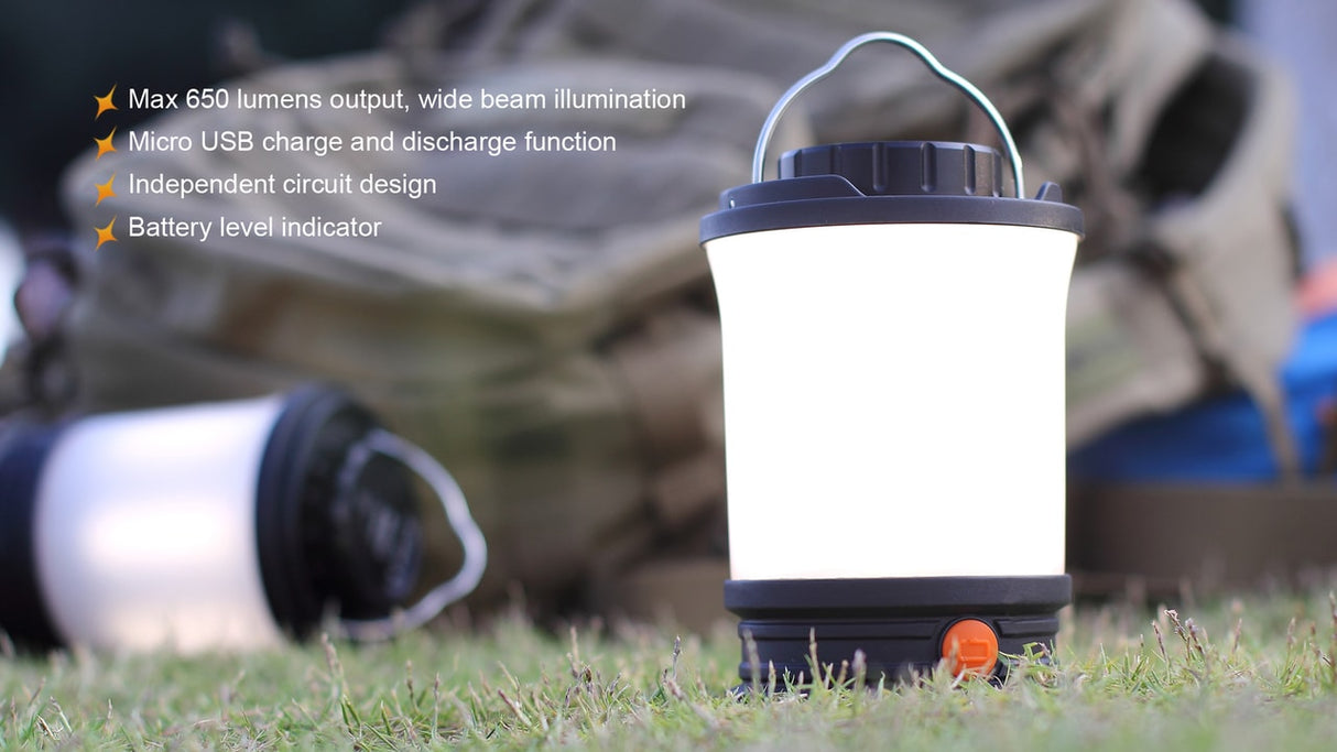 Fenix CL30R LED Lantern for Campers 650 Lumen Rechargeable USB Power Three Battery Compatibility Outdoor Ready