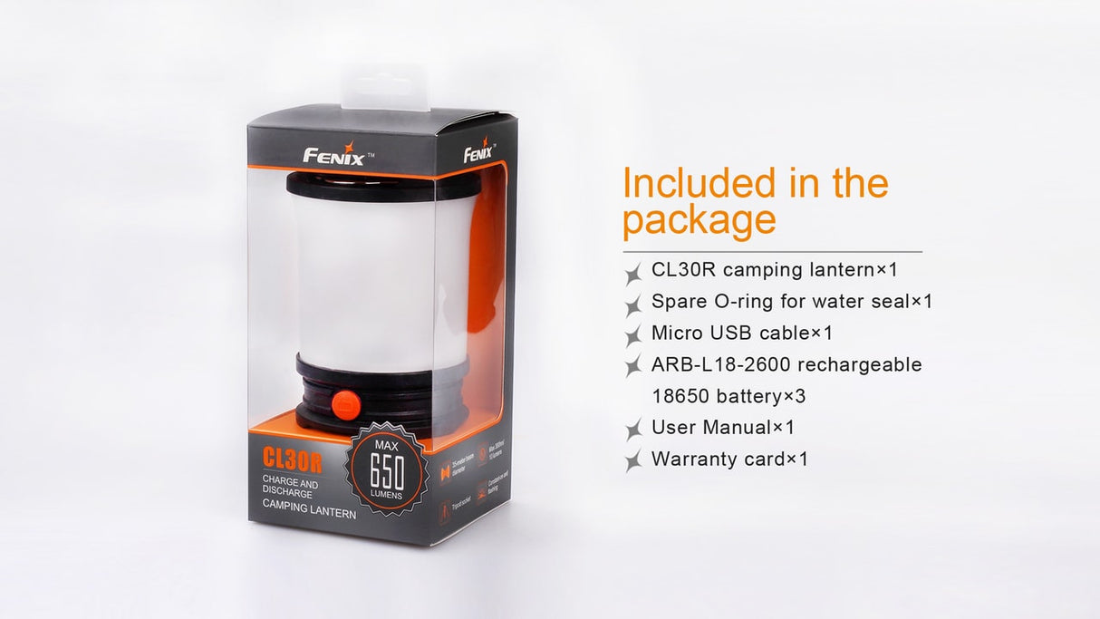 Fenix CL30R LED Lantern for Campers 650 Lumen Rechargeable USB Power Three Battery Compatibility Outdoor Ready